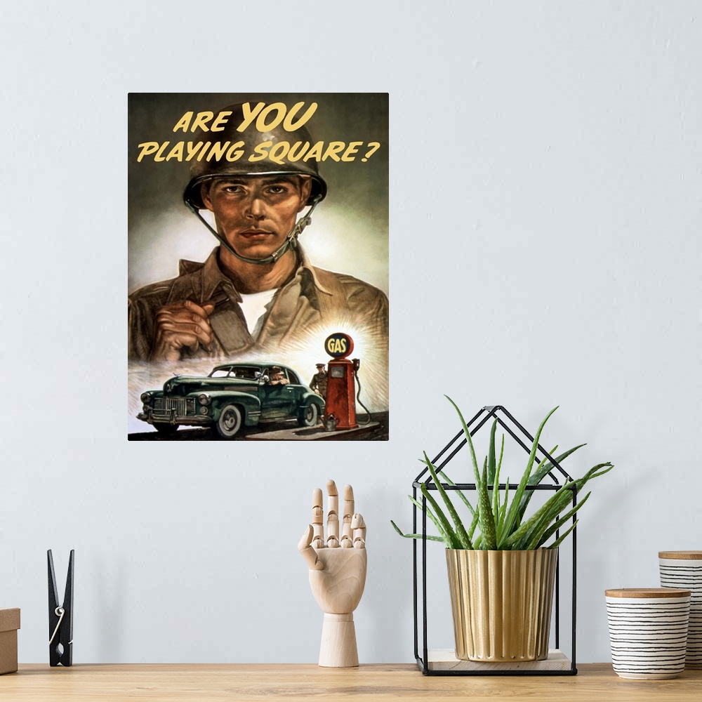 A bohemian room featuring Vintage World War Two propaganda poster featuring a soldier overlooking a man, filling up his car...