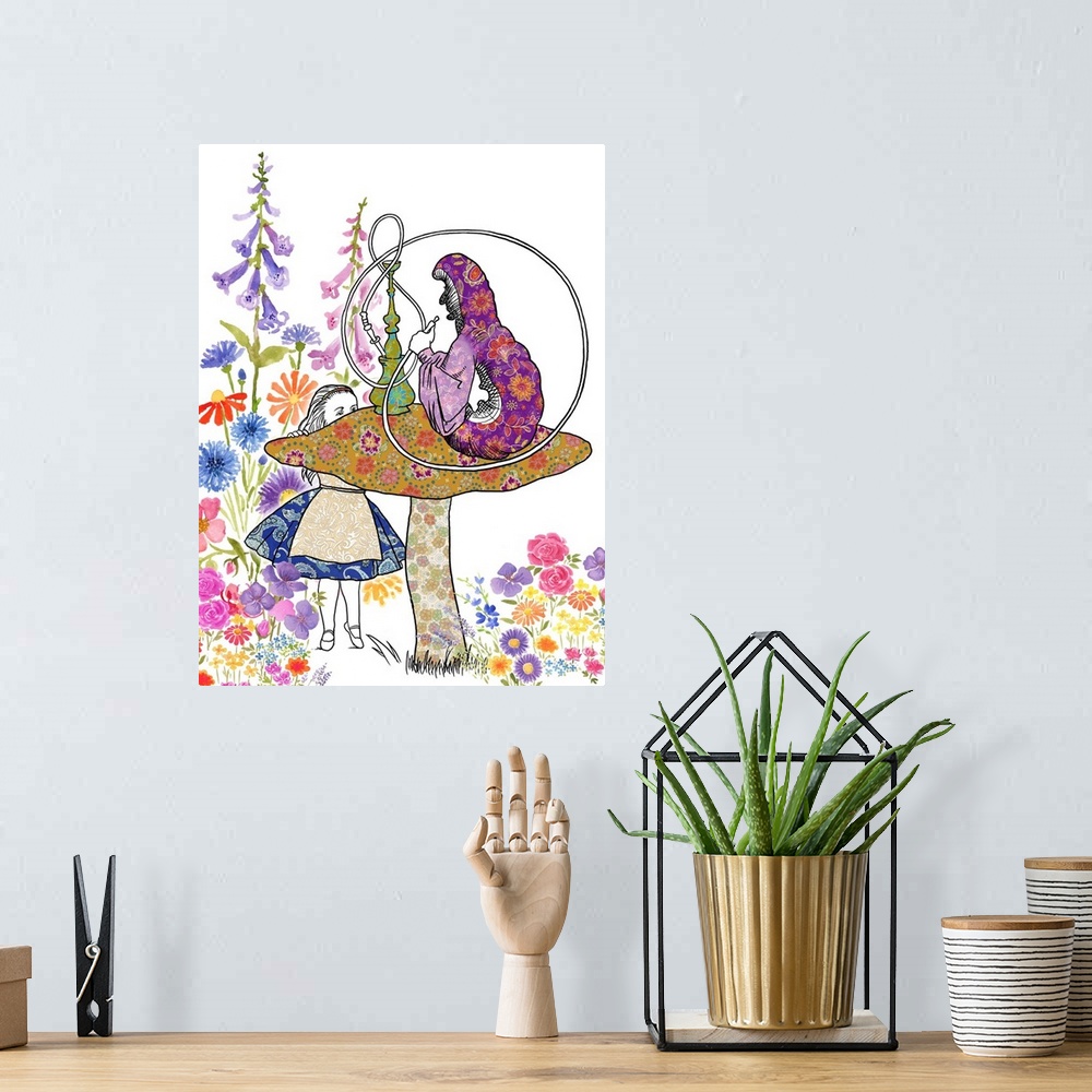 A bohemian room featuring The caterpillar from Alice in Wonderland sitting on a mushroom with Alice, with floral patterns.