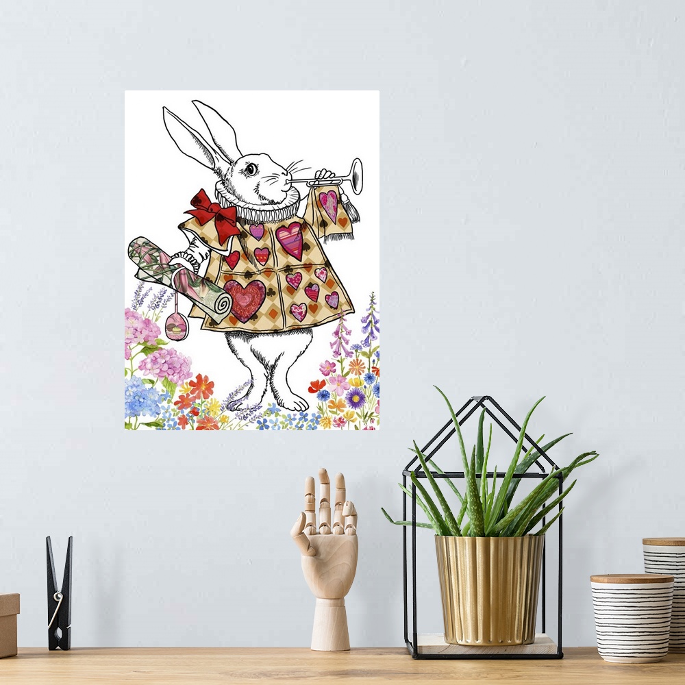A bohemian room featuring Illustration of the White Rabbit from Alice in Wonderland wearing a red heart shirt and blowing a...