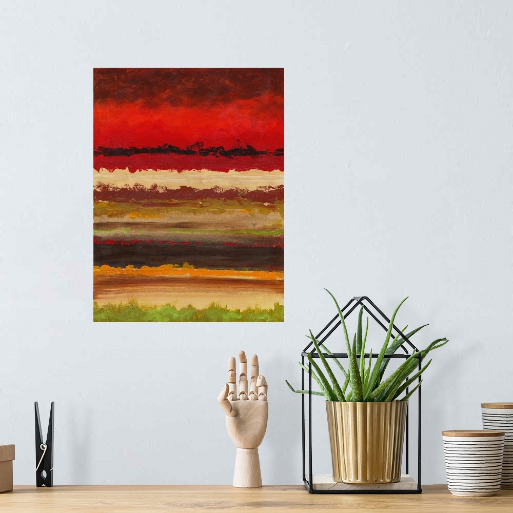 A bohemian room featuring Abstract painting of horizontal layers in shades of red and green.