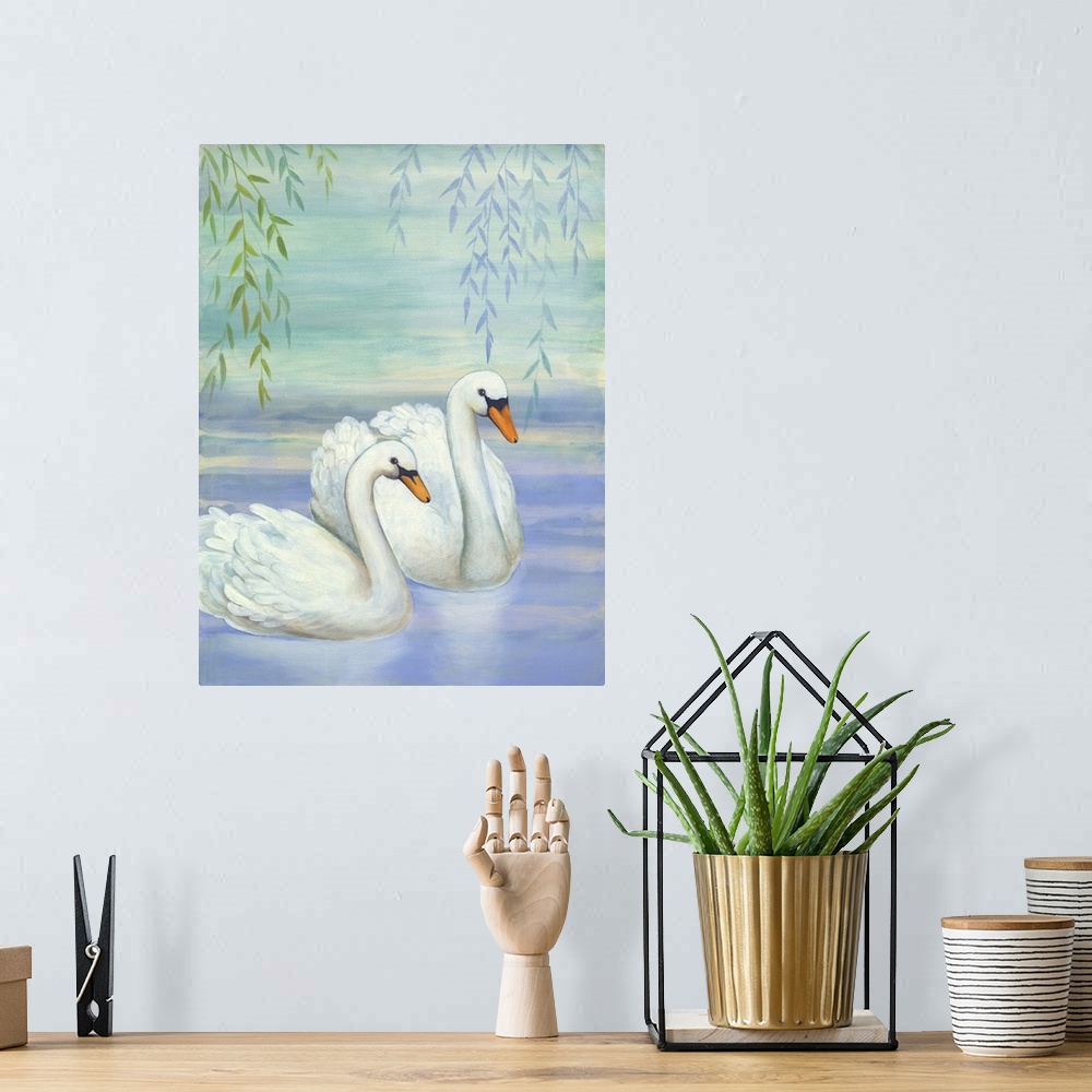 A bohemian room featuring Two white swans swimming under a willow tree.