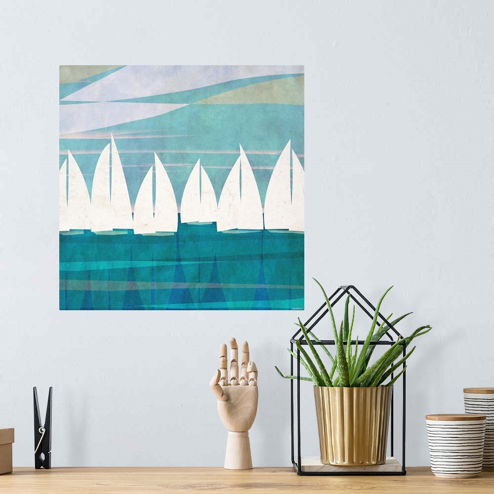 A bohemian room featuring Digital art piece of silhouetted sail boats with the sails up as they glide across the water.