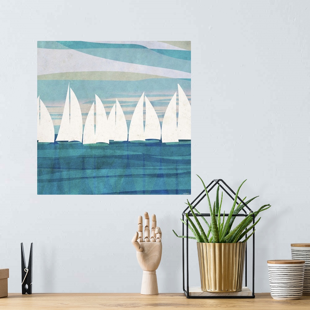 A bohemian room featuring Abstract painting on a square canvas of sailboats floating on the water.