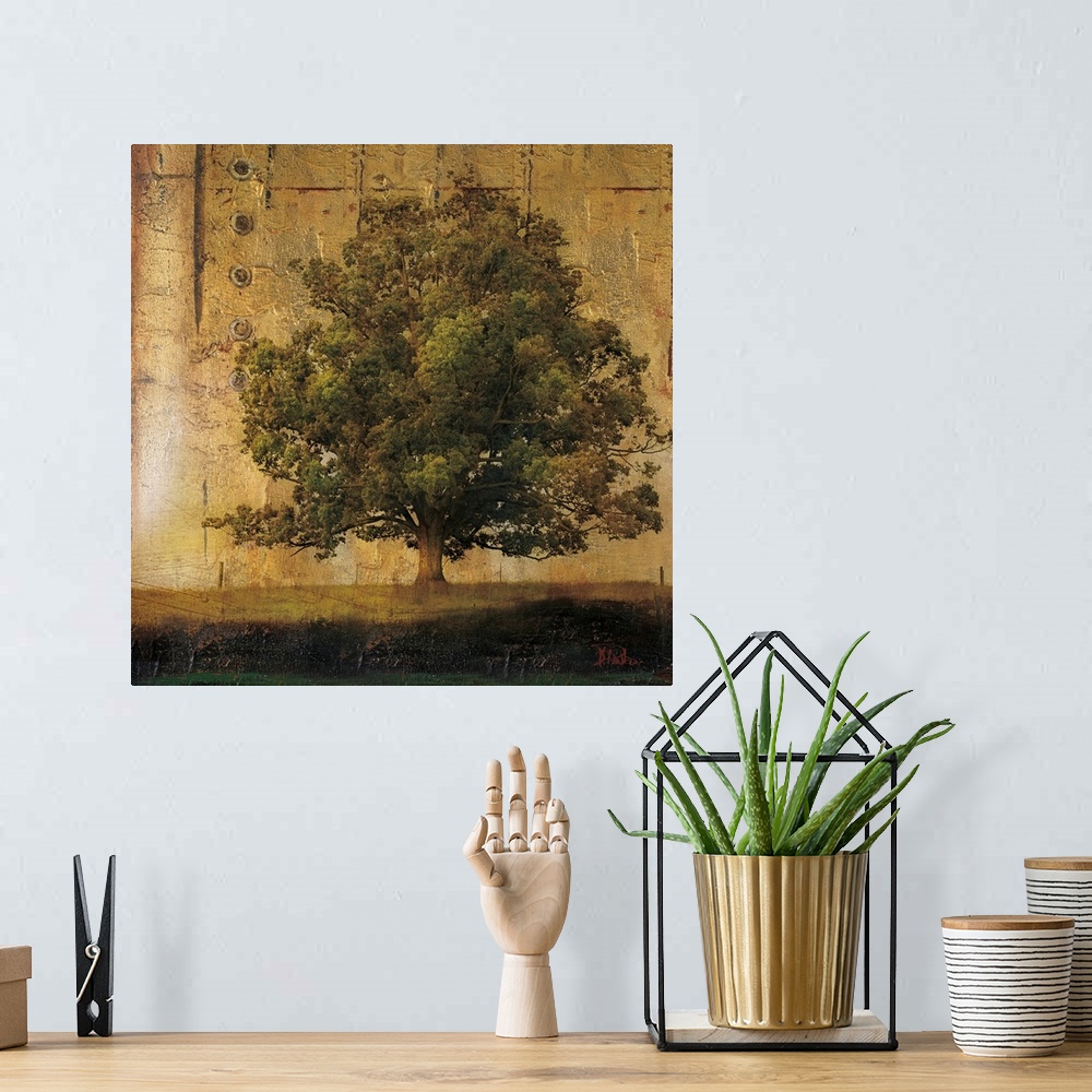 A bohemian room featuring This square shaped decorative accent is a composite of a nature photograph and industrial texture...