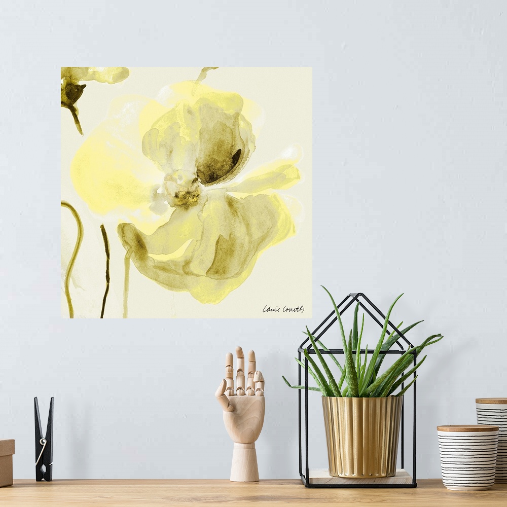 A bohemian room featuring Square abstract painting of a bright yellow poppy.