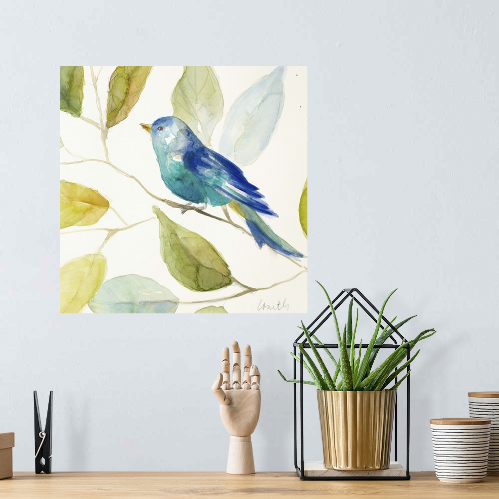 A bohemian room featuring Square watercolor painting of a bird made with different shades of blue perched on a tree branch,...