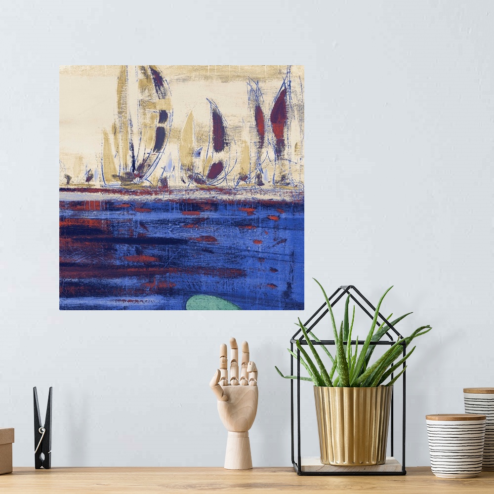 A bohemian room featuring Abstract contemporary artwork of boats with tall sails on the water.