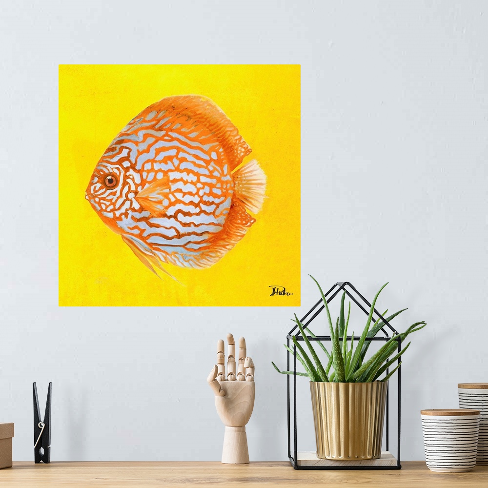 A bohemian room featuring Contemporary painting of a tropical fish against a bright yellow background.