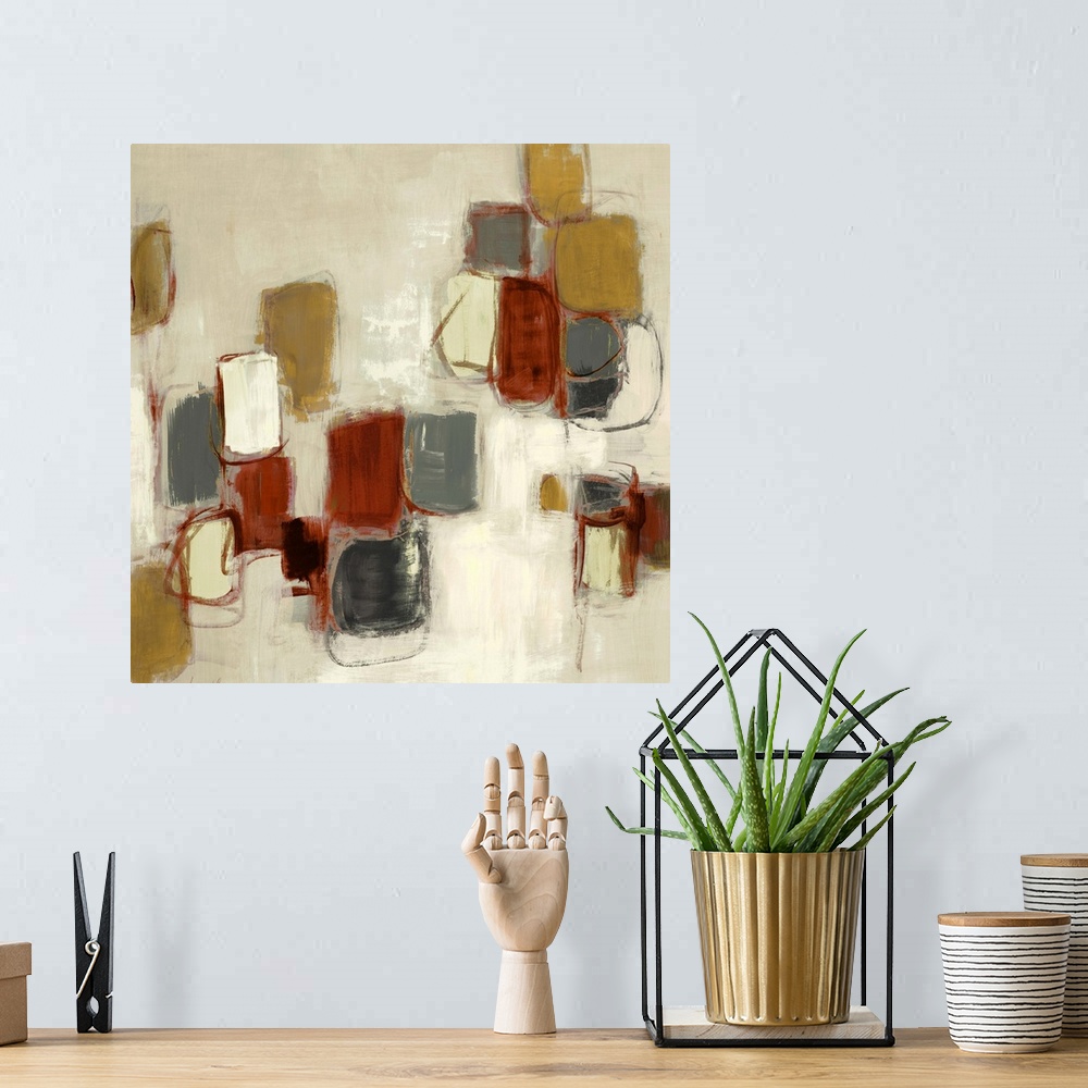 A bohemian room featuring Patches of colored squares on a stark background are featured in this abstract painting by Lanie ...