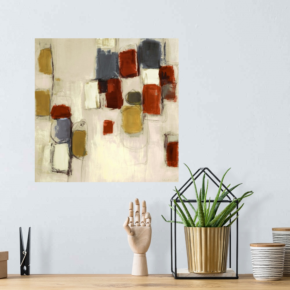 A bohemian room featuring Square abstract painting on canvas of various colored brushstrokes.