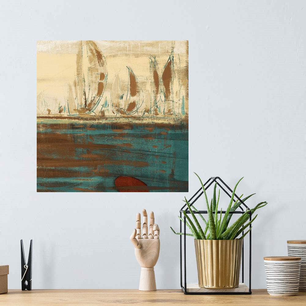 A bohemian room featuring Abstract contemporary artwork of boats with tall sails on the water.