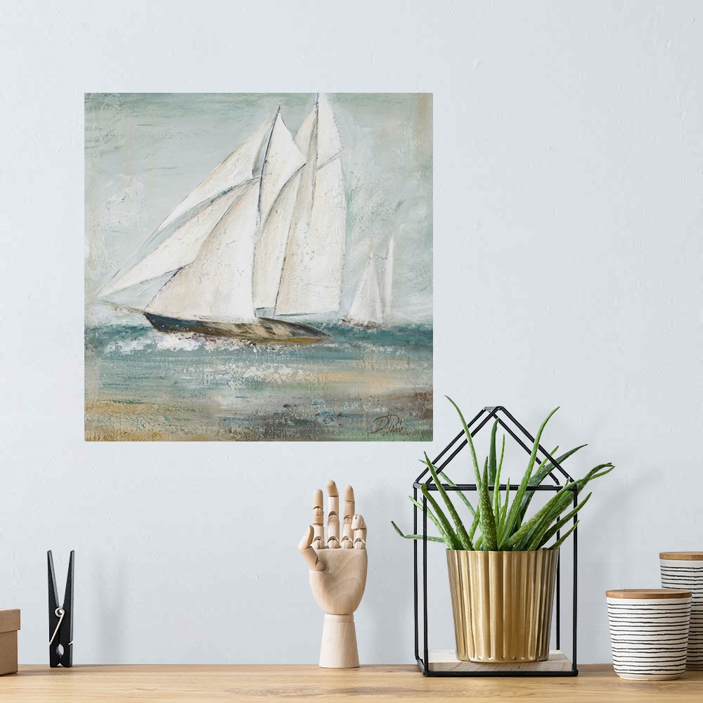 A bohemian room featuring Painting of a sailboat gracefully traversing the seas.