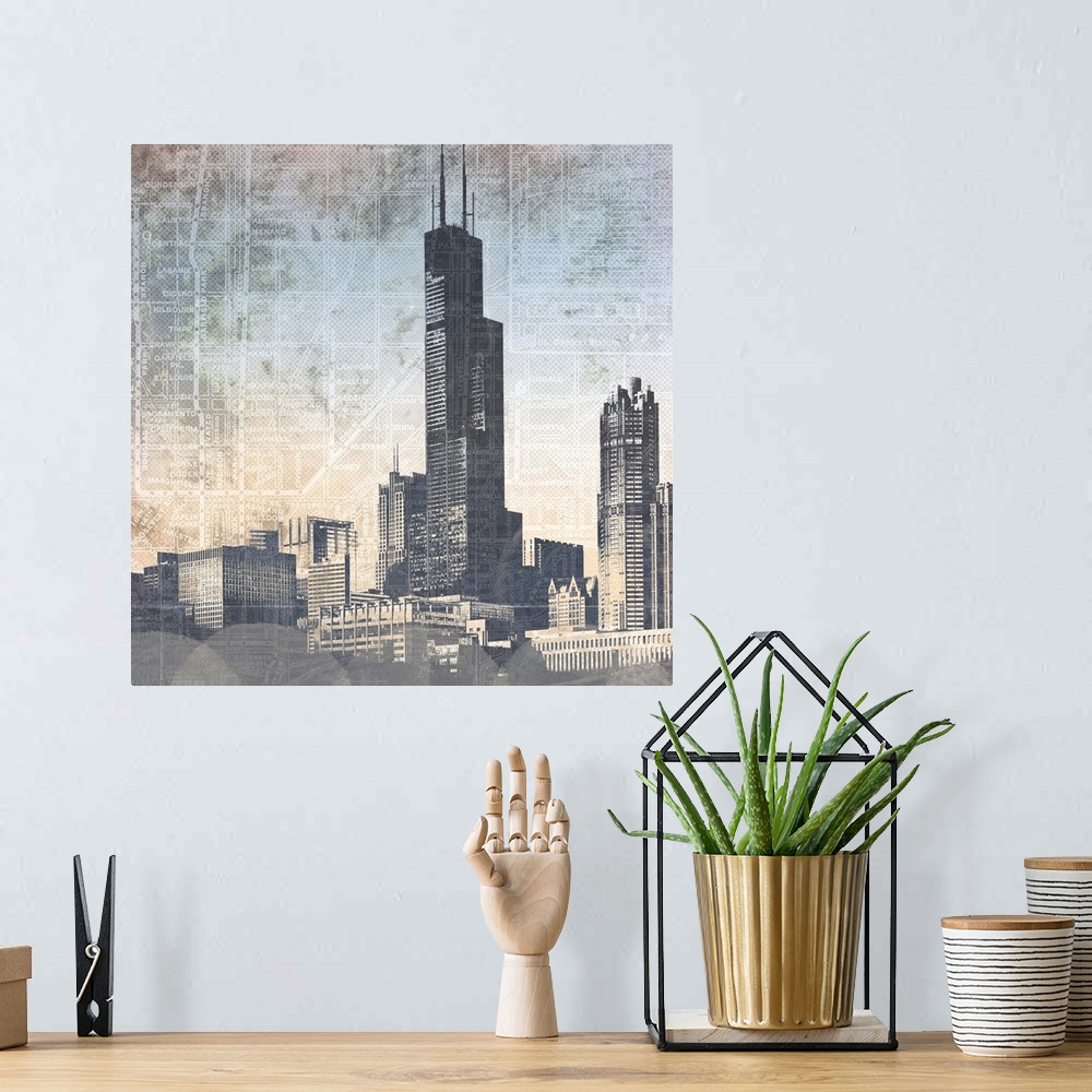 A bohemian room featuring Skyscrapers in Chicago against a grunge-textured map.
