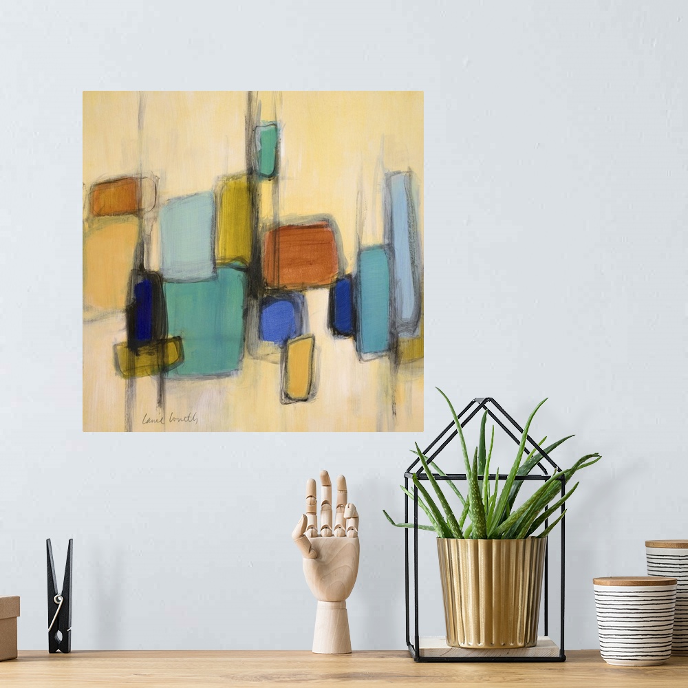 A bohemian room featuring Contemporary abstract art using bold dark lines and colorful geometric shapes against a cream bac...
