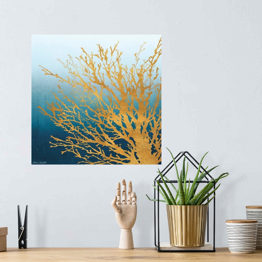 A bohemian room featuring Decorative artwork of a coral silhouette against a gradient.