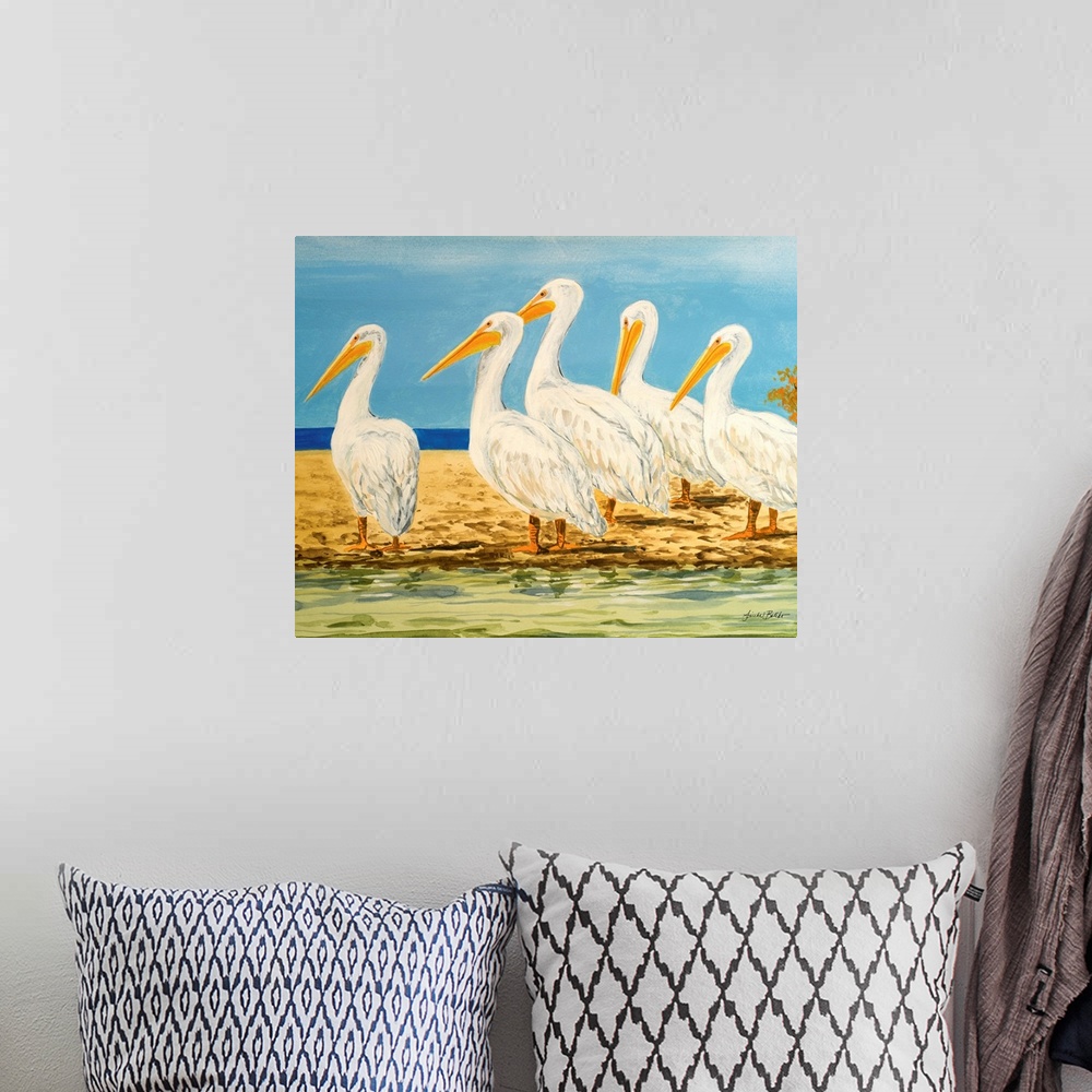A bohemian room featuring Contemporary painting of a group of pelicans standing on a beach.