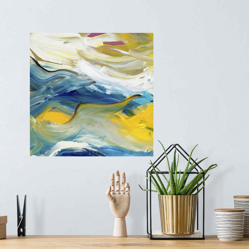 A bohemian room featuring Contemporary abstract artwork in flowing yellow and blue tones.