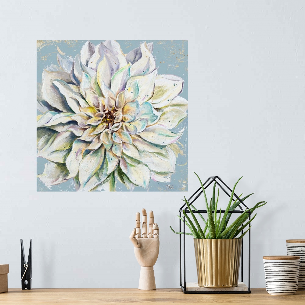 A bohemian room featuring A contemporary painting of a cool toned dahlia on a blue and tan background.