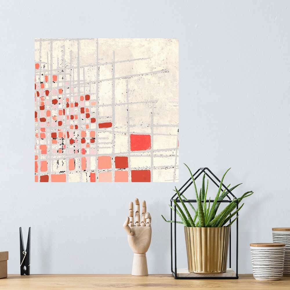 A bohemian room featuring Abstract artwork made of intersecting horizontal and vertical lines with pink squares.