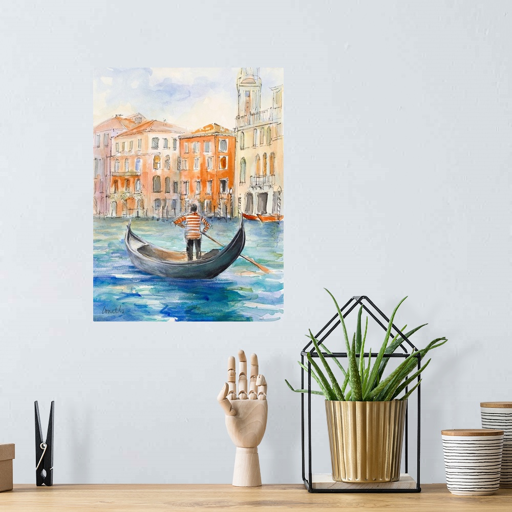 A bohemian room featuring Contemporary watercolor painting of a gondola on a canal surrounded by warm colored buildings.