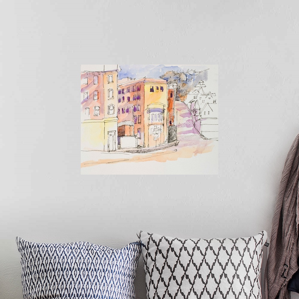 A bohemian room featuring Watercolor and ink painting of a street corner.