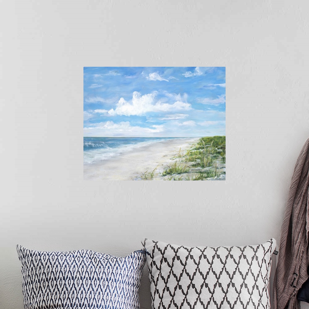 A bohemian room featuring Contemporary painting of a sandy beach with ocean waves crashing on shore.