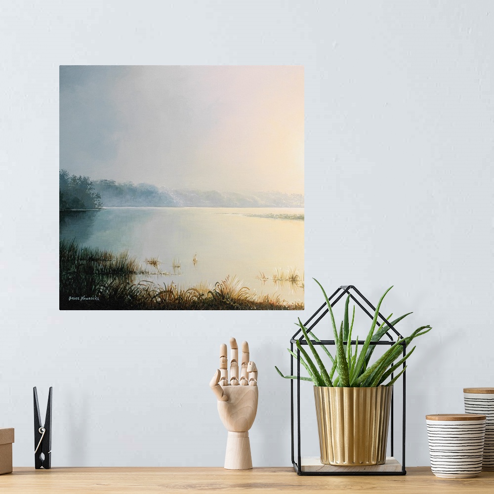 A bohemian room featuring Contemporary painting of a lake in early morning, with fog rising off the water.