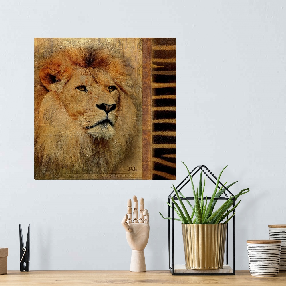 A bohemian room featuring Artwork of just the face of a lion with a zebra pattern on the right side of the painting. There ...