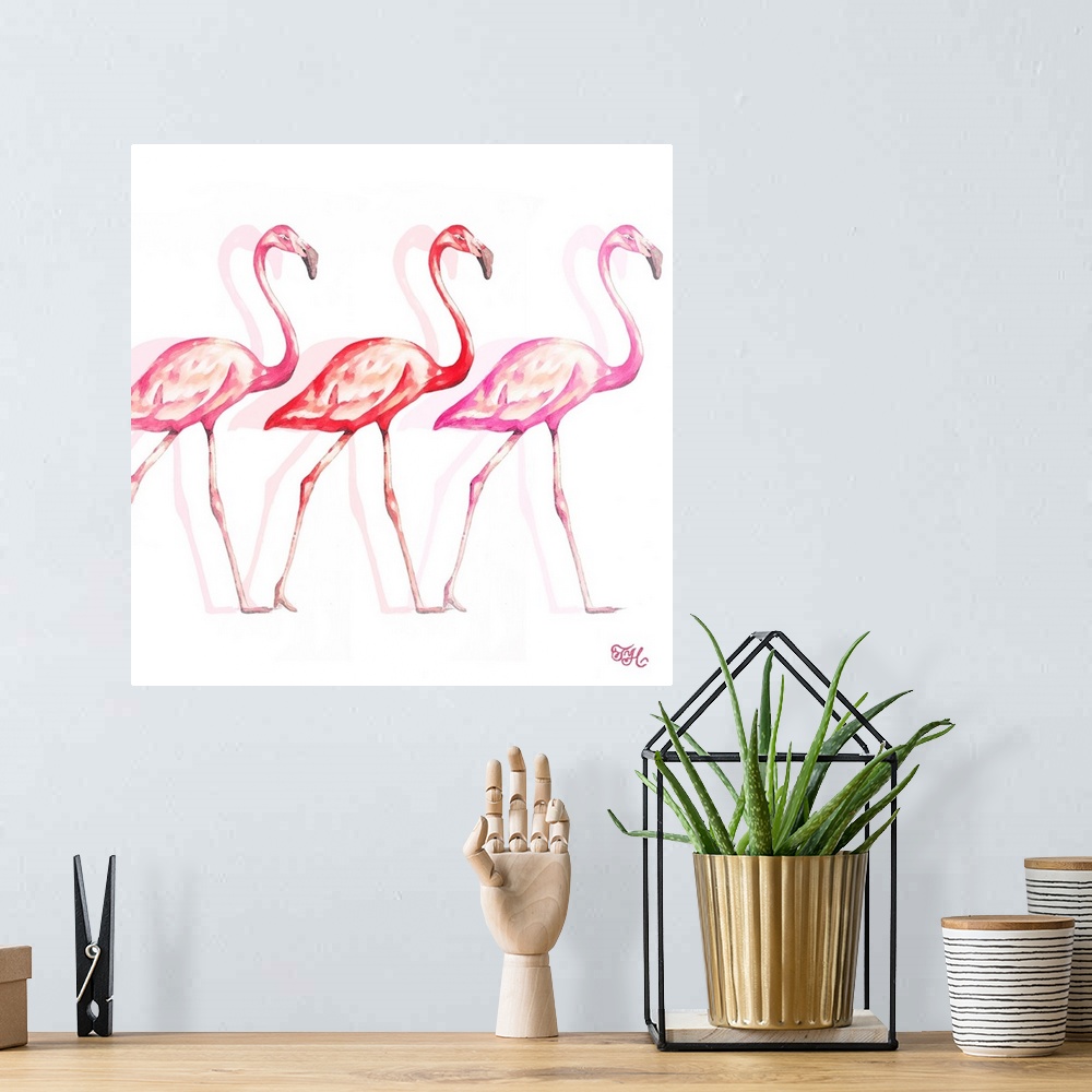 A bohemian room featuring Square art of three flamingos in different shades of pink walking behind each other with light sh...