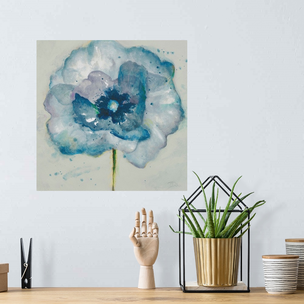A bohemian room featuring Contemporary watercolor painting of a blue flower with a thin green stem.