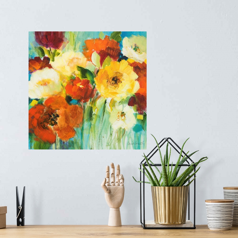 A bohemian room featuring Contemporary painting of a bouquet of vibrant colored flowers.