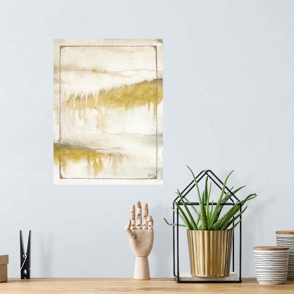 A bohemian room featuring Contemporary abstract painting of horizontal sections of gold with gray drippings and a layer of ...