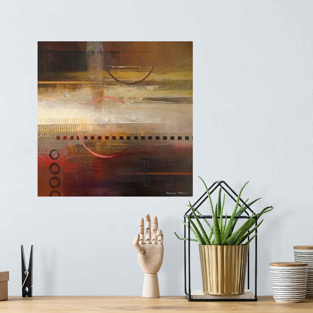A bohemian room featuring Contemporary abstract painting of earth toned horizontal bands overlain with stenciled geometric ...
