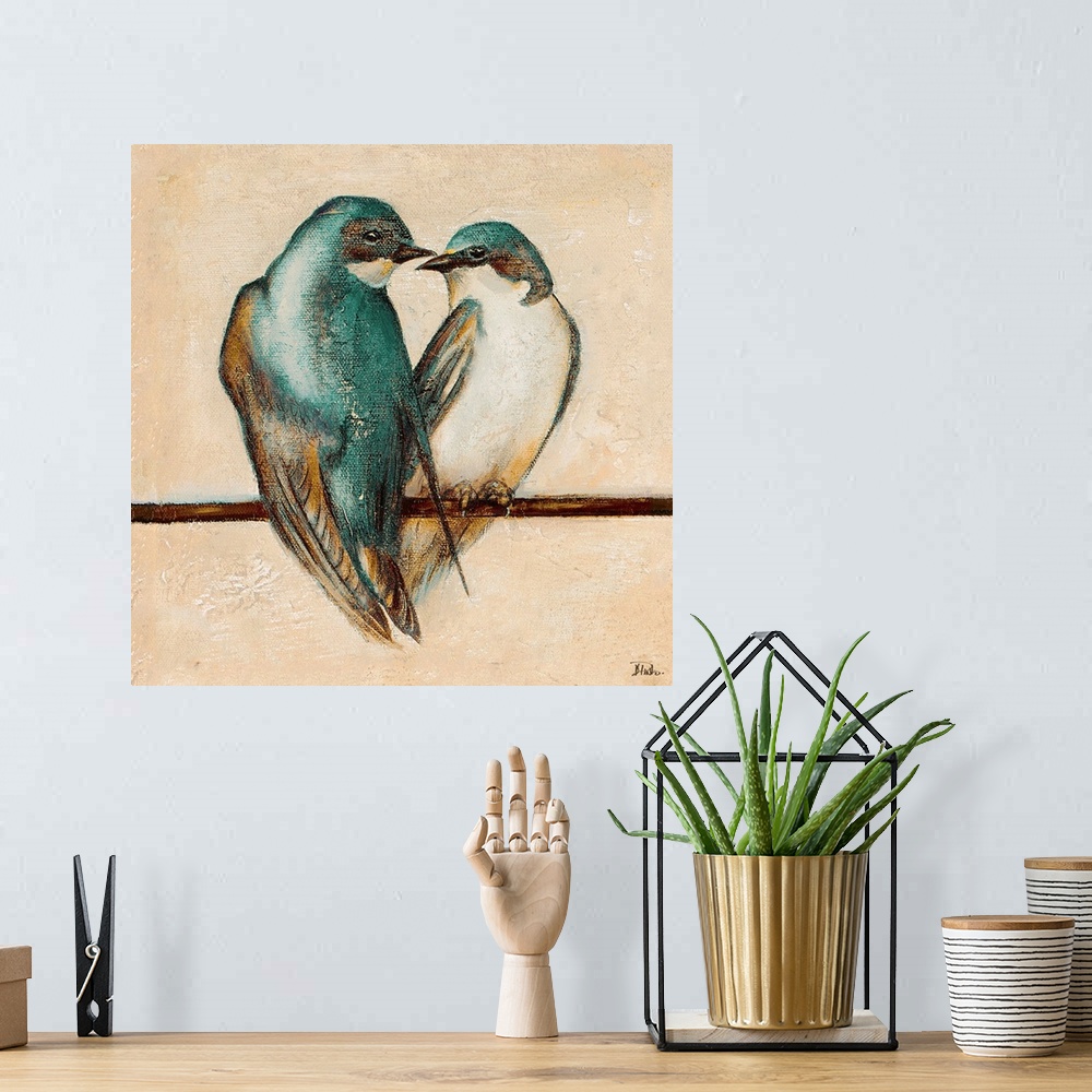 A bohemian room featuring Contemporary painting of a pair of swallows perched together on a line.