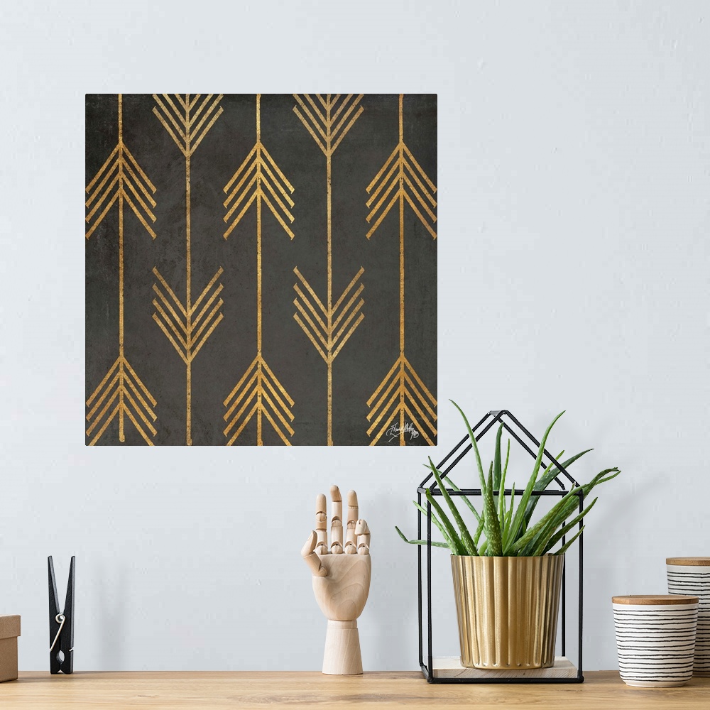 A bohemian room featuring Shiny gold arrows on a dark background.