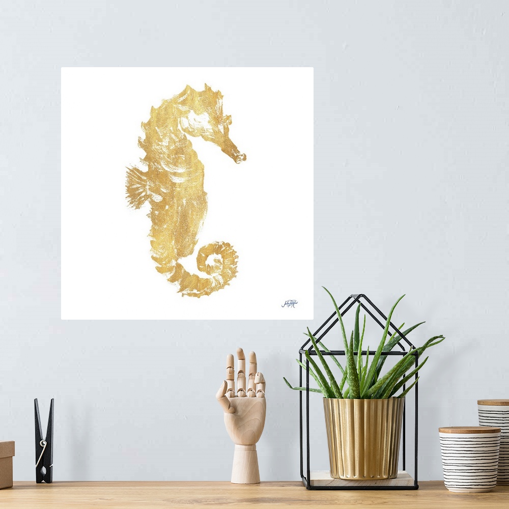 A bohemian room featuring Painting of a golden seahorse on white.