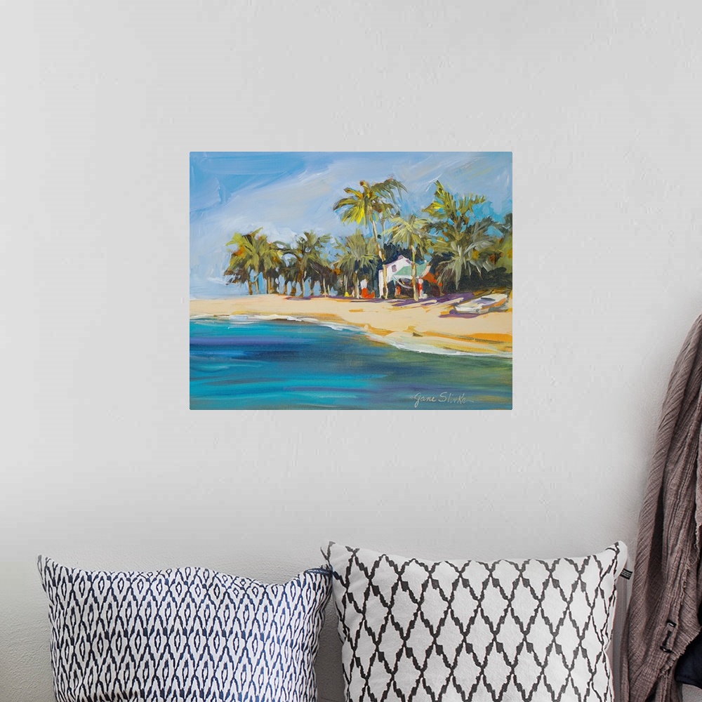 A bohemian room featuring Contemporary painting of a sandy Cuban coastline with several palm trees, a beach house, and a boat.