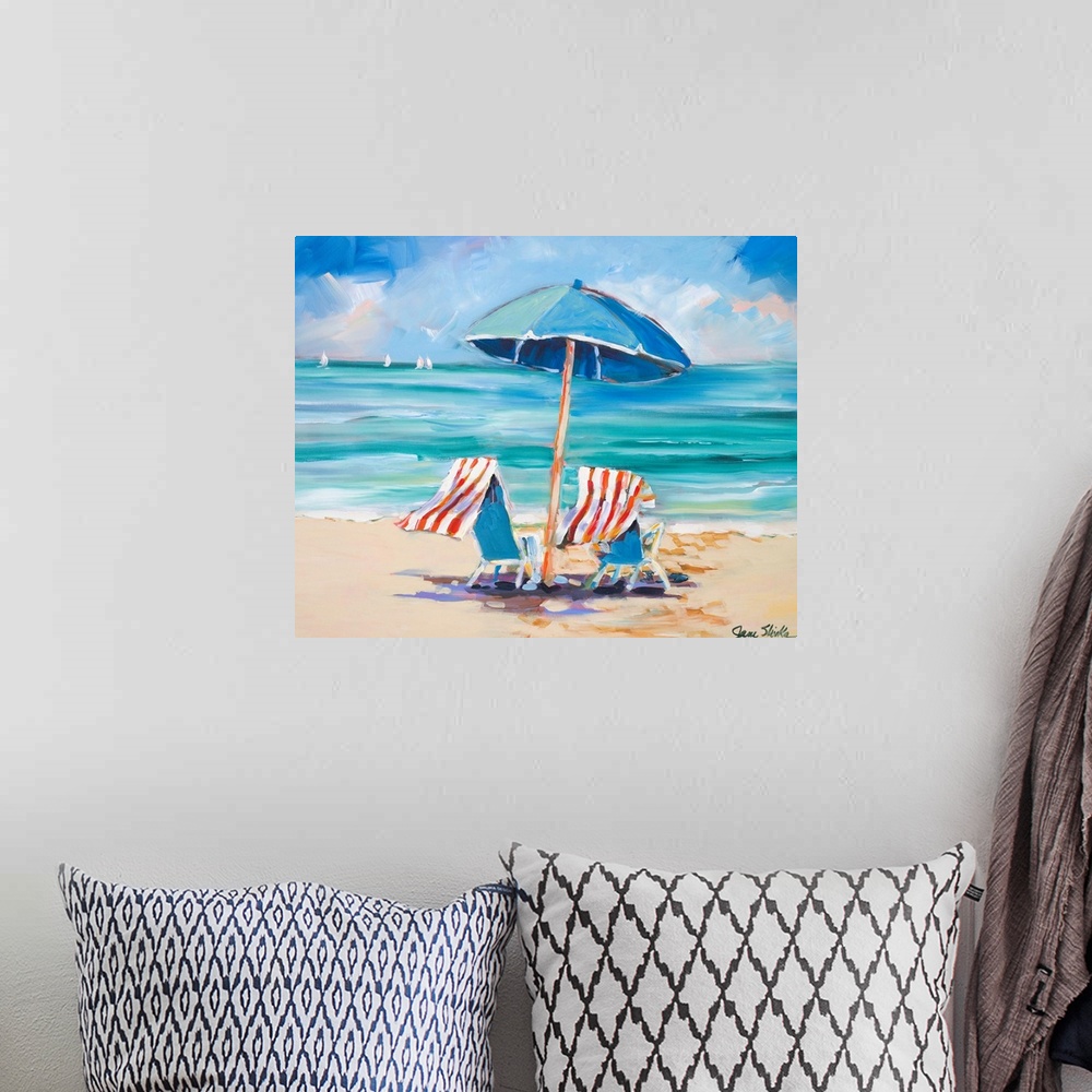 A bohemian room featuring Painting of two beach chairs and umbrella at the water's edge.  There are sail boats in the dista...