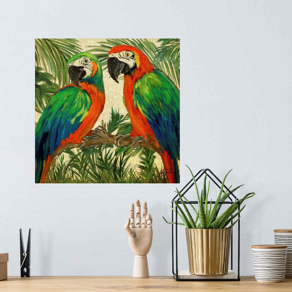 A bohemian room featuring Square contemporary painting of two parrots on a branch surrounded by lush green trees and plants...