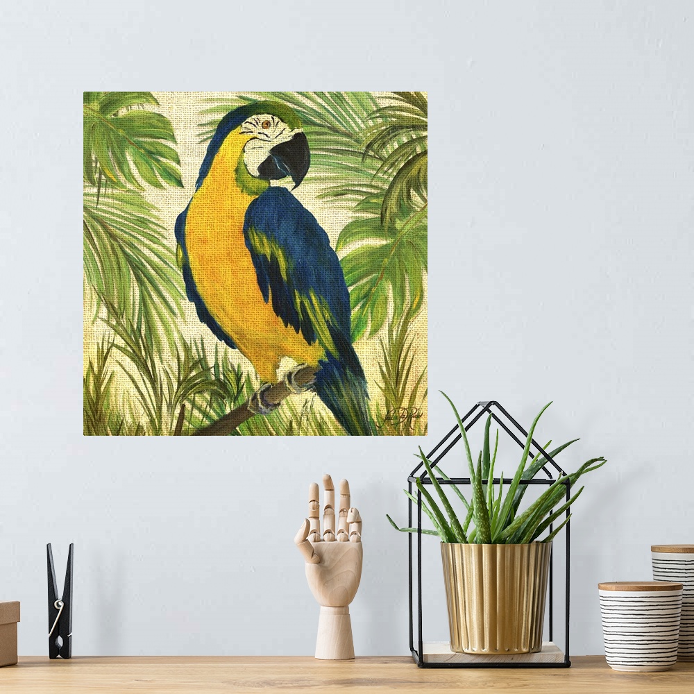 A bohemian room featuring Square contemporary painting of a parrot on a branch surrounded by lush green trees and plants on...