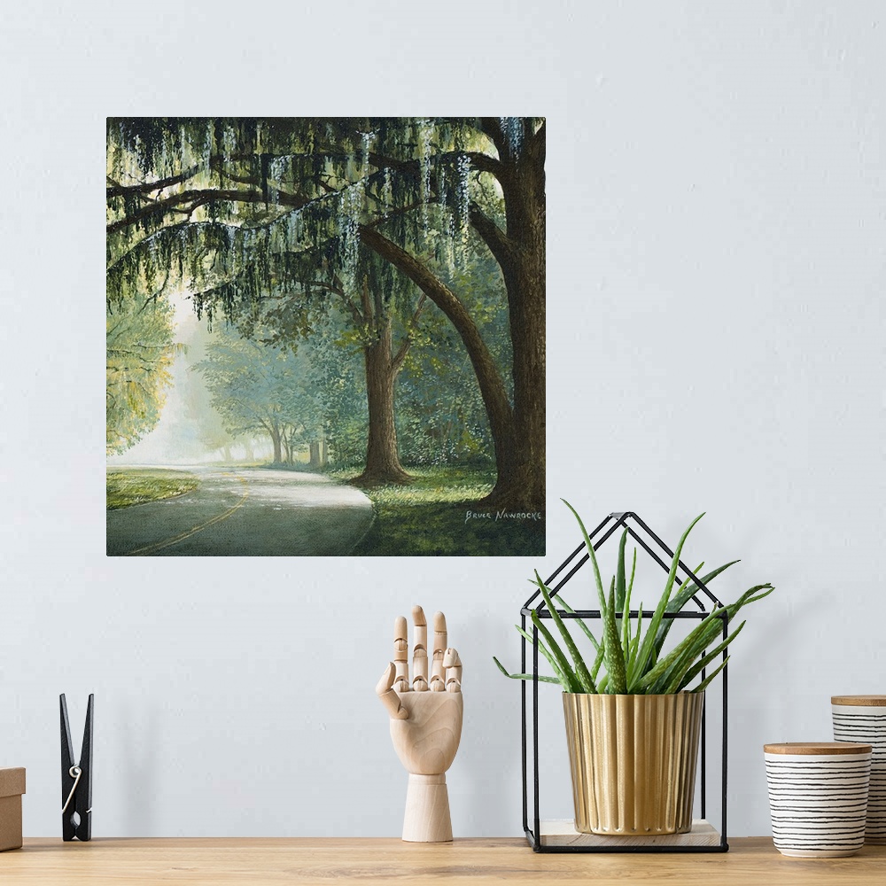 A bohemian room featuring Contemporary painting of a road passing through a shady forest.