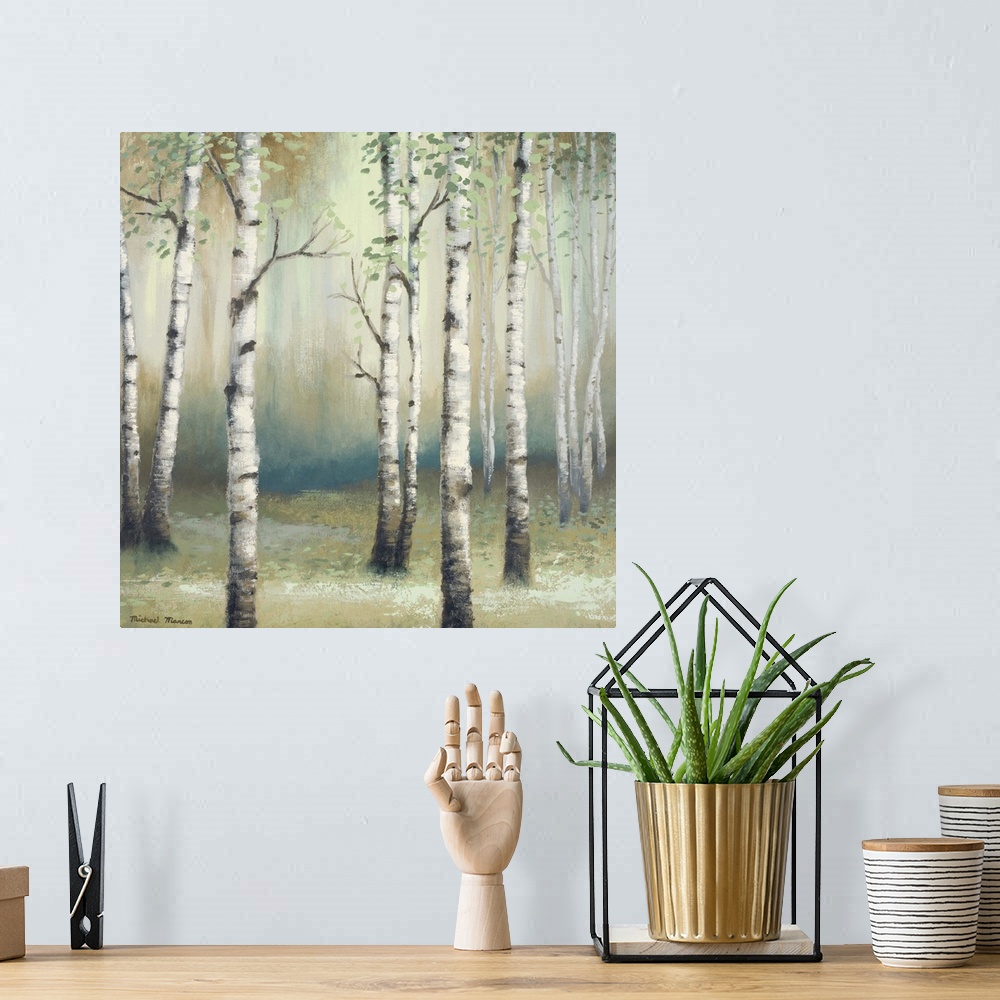 A bohemian room featuring Painting of thin white birch trees in a dark eerie looking forest.