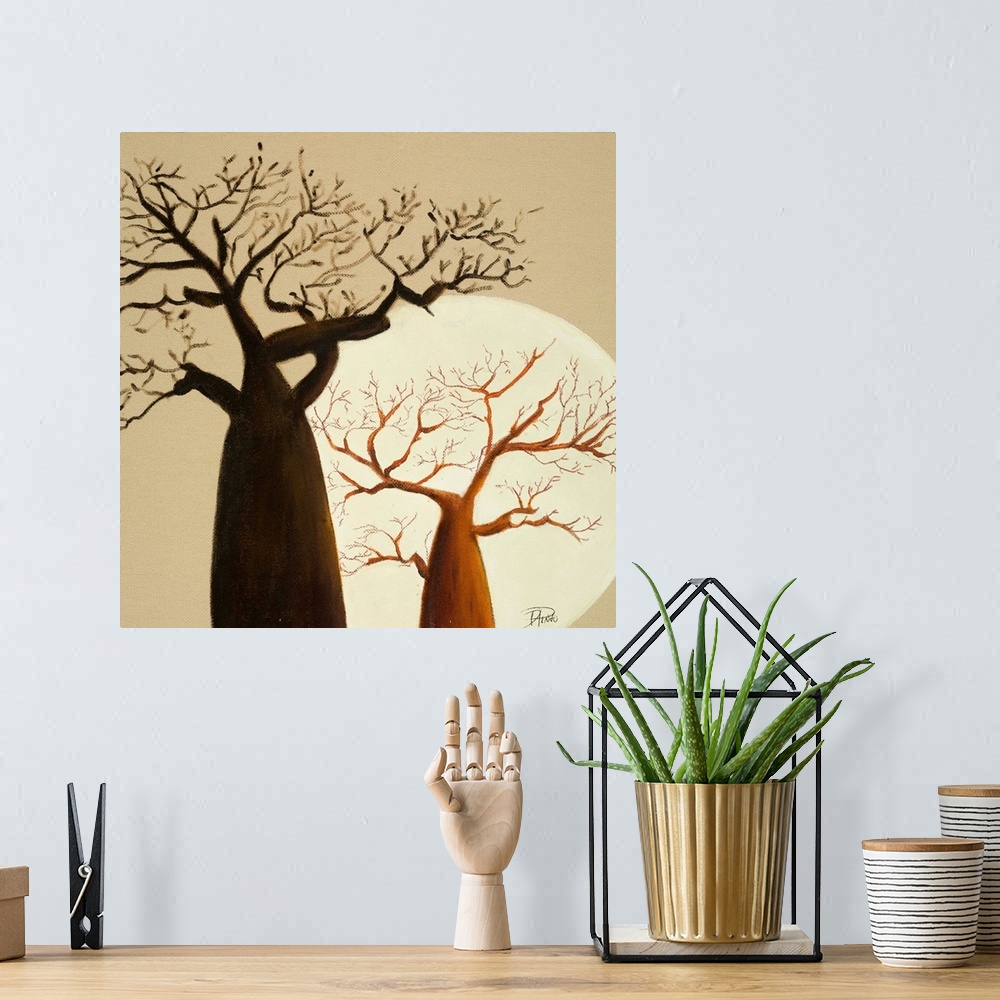 A bohemian room featuring Decorative artwork of two large baobab trees against a neutral background.