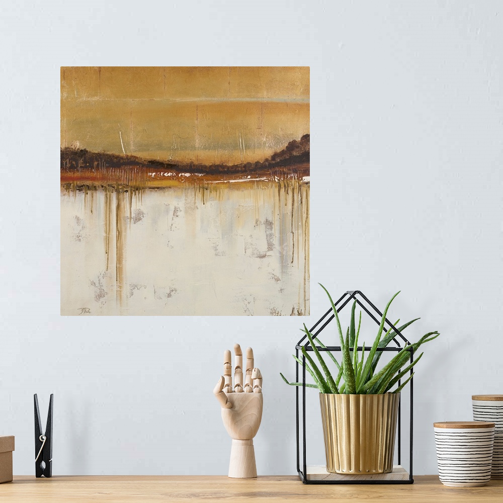 A bohemian room featuring This is an abstract painting that uses earth tones to create layers of color and textures in this...