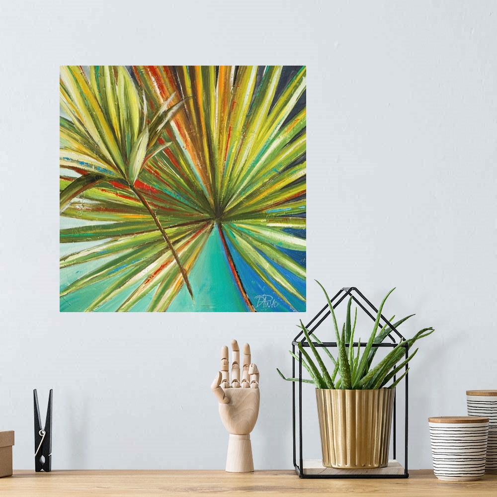 A bohemian room featuring Painting of a vibrant green palm frond against a blue green background.