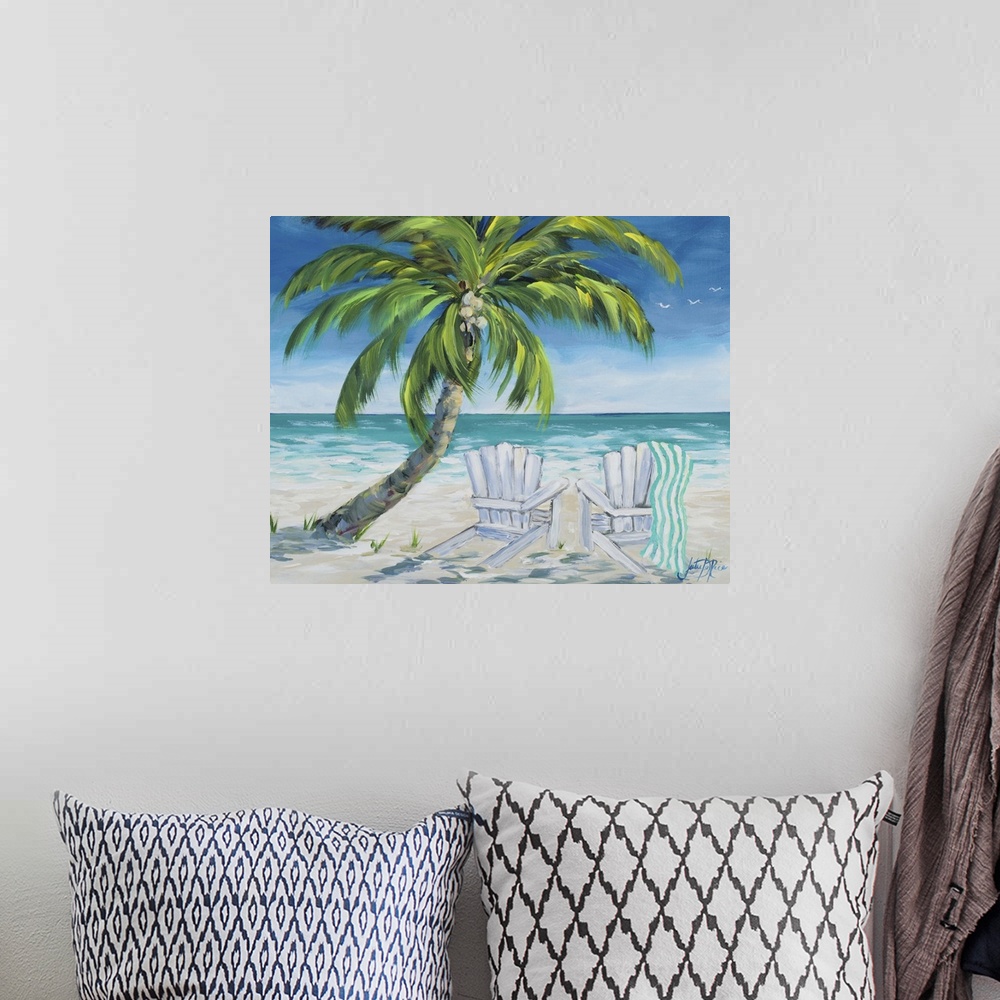 A bohemian room featuring Contemporary painting of a relaxing beach scene with two beach chairs under the shade of a palm t...