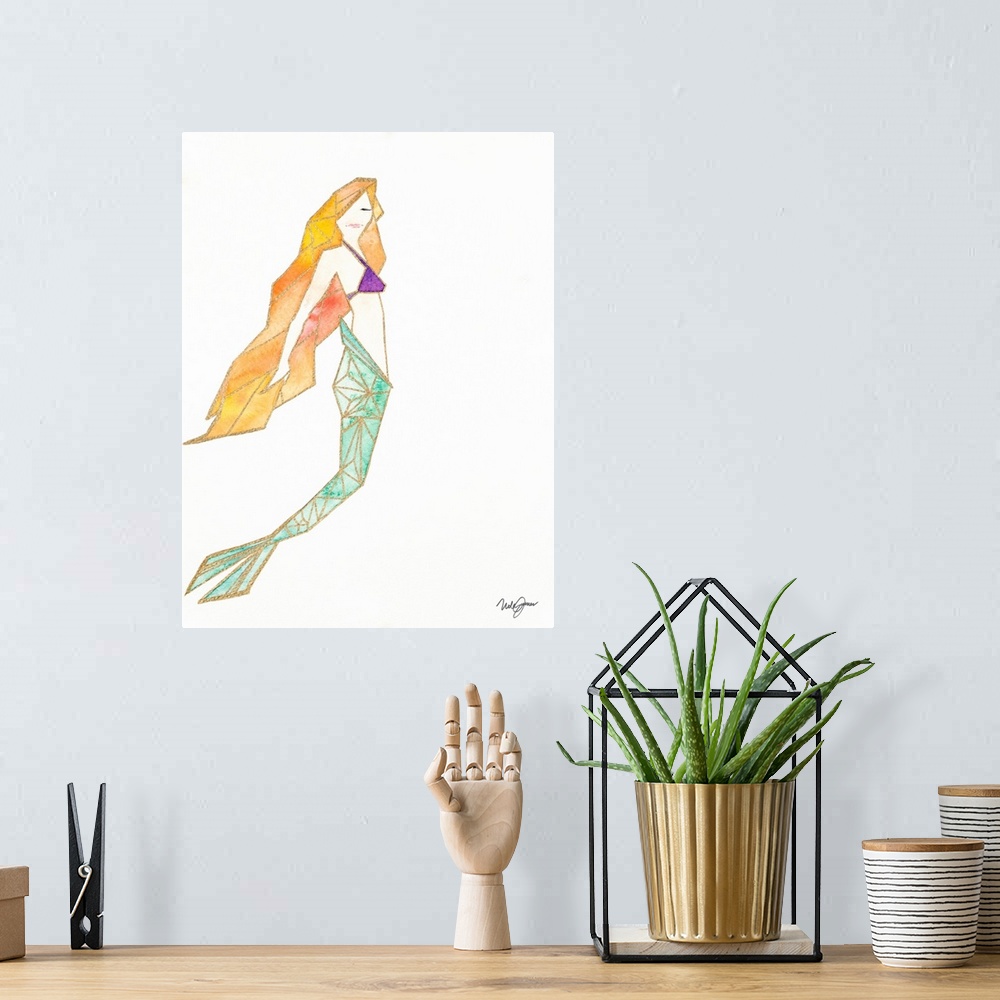 A bohemian room featuring Watercolor painting of a mermaid created with metallic gold geometric shapes on a solid white bac...