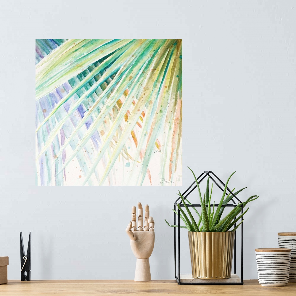 A bohemian room featuring Square watercolor painting of pastel color, cool toned palm leaves.