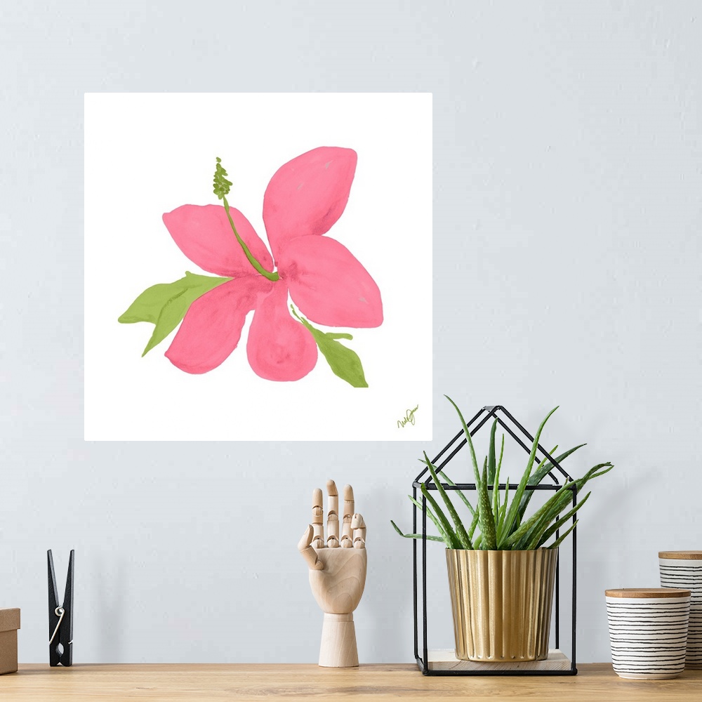 A bohemian room featuring Square painting of a pink hibiscus flower with green leaves on a solid white background.
