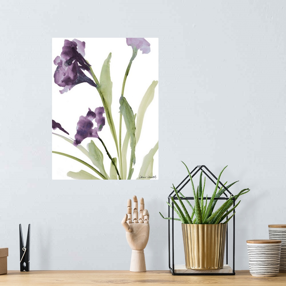 A bohemian room featuring Watercolor painting of purple flowers on green stems against a white background.